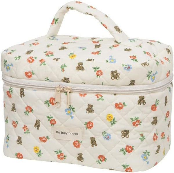 Kawaii Makeup Bag, Cute Floral Storage Organizer with Handle, Aesthetic Cartoon Zipper Toiletry Bag