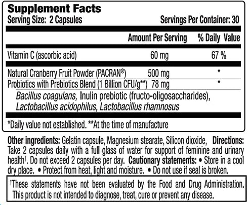 vH Essentials Probiotics for Women with Prebiotics, Cranberry & Vitamin C - 60 Capsules, Vaginal & Gut Health