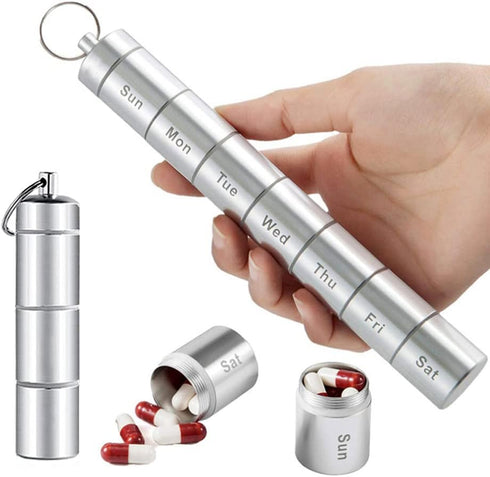 Portable Pill Case Keychain Waterproof, 7 Days Pill Holder Travel Container, Airtight Organizer for Outdoor Camping