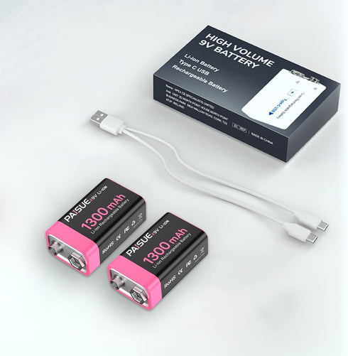 9V Rechargeable Batteries, 1300mAh High Capacity Lithium-ion with 2 in 1 USB C Fast Charging Cable, 2 Count