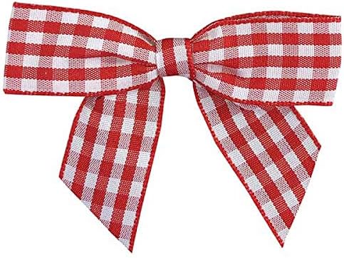 Red White Gingham Pre-Tied Bows - 3" Wide, Set of 12, Buffalo Check Ribbons for 4th of July Decor