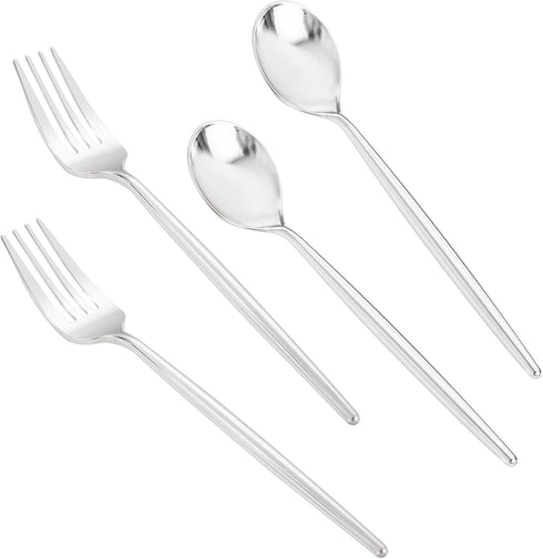 SUT 100 Pcs Silver Plastic Silverware, Disposable Forks and Spoons for Catering, Parties, Dinners