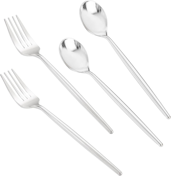 SUT 100 Pcs Silver Plastic Silverware, Disposable Forks and Spoons for Catering, Parties, Dinners
