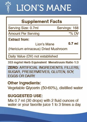 Secrets of the Tribe Lion's Mane Tincture Alcohol-Free Extract, Dried Mushroom (4 fl oz)