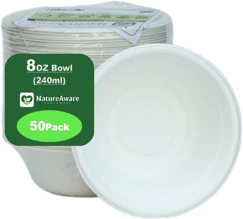 Premium 8oz White Bowls, 50-Pack, Compostable & Eco-Friendly Disposable Paper Bowls