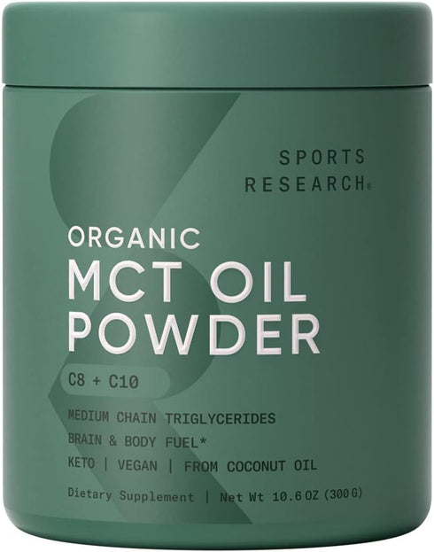 Sports Research Organic MCT Oil Powder - Keto & Vegan MCTs C8, C10 from Coconuts, Unflavored, 10.6 oz