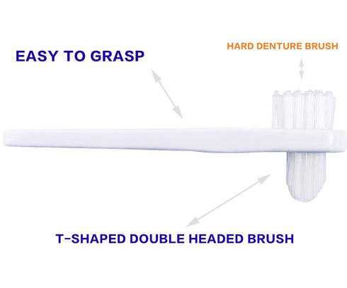 OASISGUEST Denture Cleaning Brush Set, T-Shaped Special Toothbrush, Hard Toothbrush for Denture Care (Blue, Red, White).