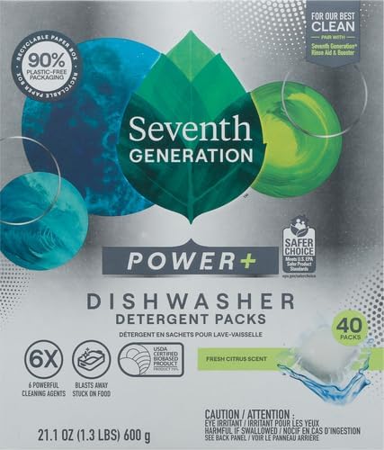 Seventh Generation Power Plus Dishwasher Detergent Packs, Fresh Citrus Scent, 40 Count for Sparkling Dishes