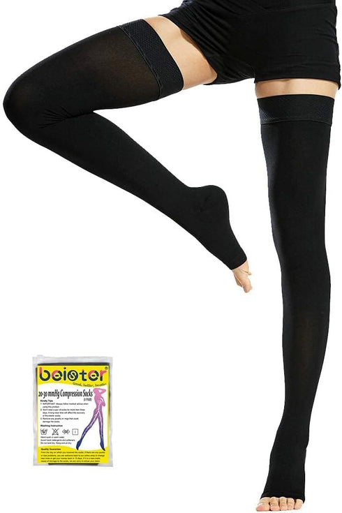 Beister 1 Pair Medical Open Toe Thigh High Compression Stockings, Firm 20-30 mmHg Support for Varicose Veins, Edema