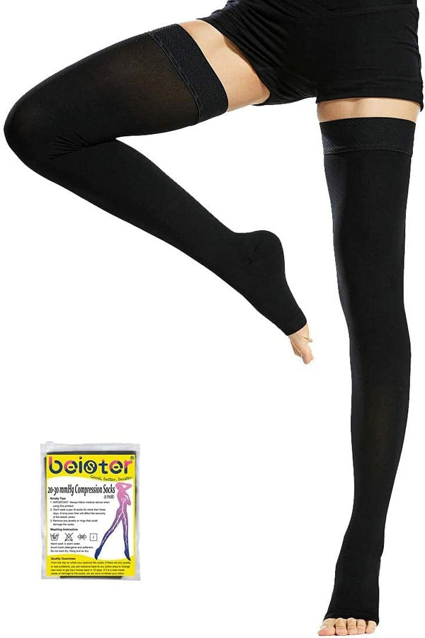 Beister 1 Pair Medical Compression Stockings, Open Toe Thigh High, 20-30 mmHg Support for Varicose Veins, Edema