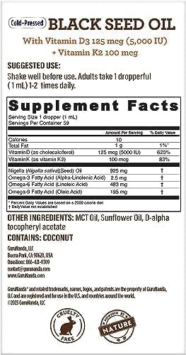 GuruNanda Black Seed Oil, Cold-Pressed Nigella Sativa, Rich in Vitamin D3, K2 & E, 2 Fl.oz for Immune Support