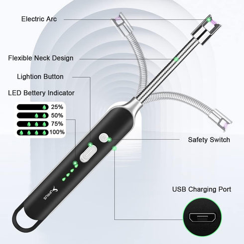 SUPRUS Electric Rechargeable Arc Lighter - Long Flexible Neck USB Lighter for Candle Cooking, Black