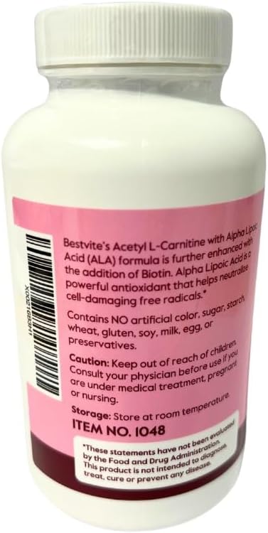 BESTVITE Acetyl L-Carnitine 500mg & Alpha Lipoic Acid 200mg per Capsule - 240 Vegetarian Capsules, Vegan, Non-GMO