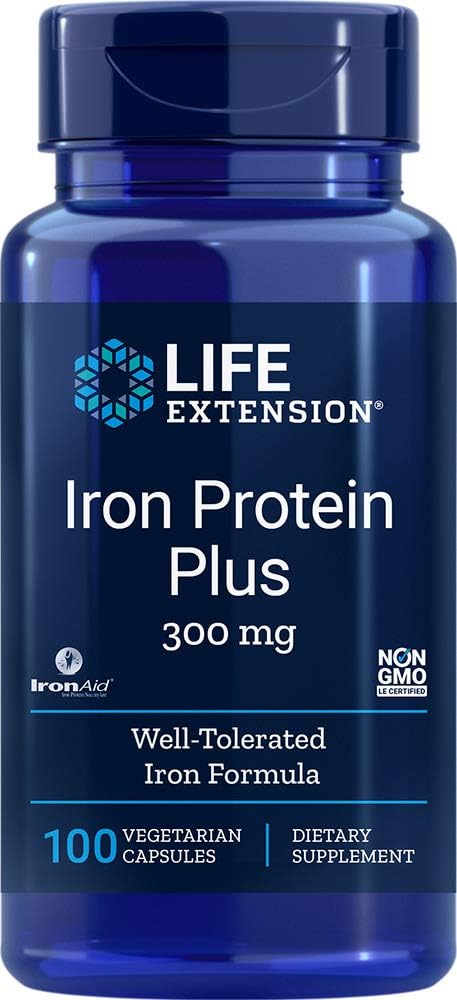Life Extension Iron Protein Plus, Absorbable Iron Supplement, Non-GMO, Gluten-Free, Vegetarian, 100 Capsules