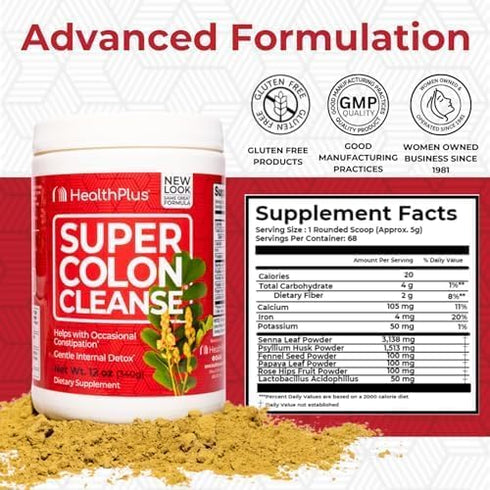 Health Plus Super Colon Cleanse, 12 oz Powder, 68 Servings - Natural Detox with Psyllium Husk & Senna Leaf