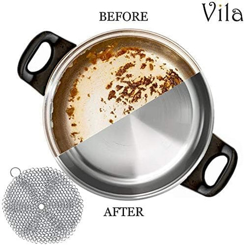 Vila 7 Inches Diameter Cast Iron Scrubber, Round 316 Premium Stainless Steel, Flexible Chainmail Scrubber