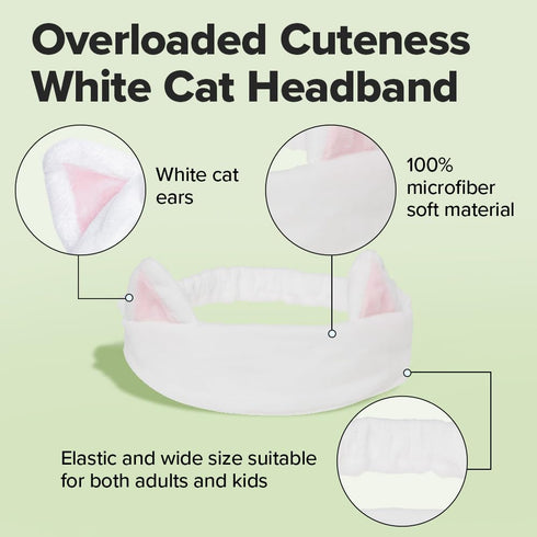I DEW CARE Face Wash Headband - White Cat Design for Washing, Cleansing, Spa, Quick Dry, Reusable