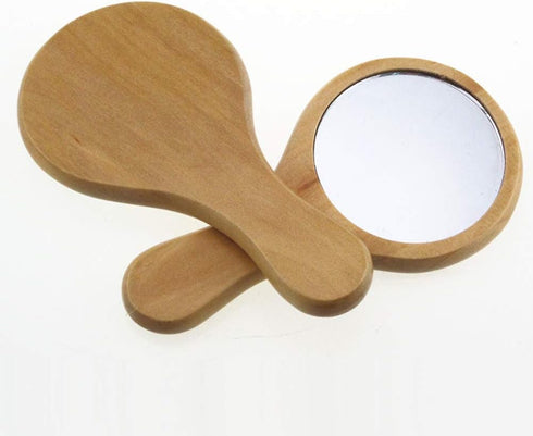 Mini Portable Wood Makeup Mirror, Handmade Round Cosmetic Mirror with Single Handle, 7.1x 13.5cm Size