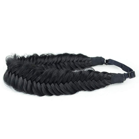 Wide Fishtail Black Headband for Women - Synthetic Hair Plaited Braids Elastic Stretch Fishtail Headband (Black)