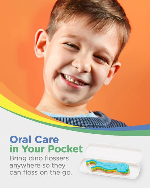 Unflavored Kids Floss - No Fluoride Dual Line Dental Floss Picks in Colorful Design, 300 Playground Dino & Travel Case