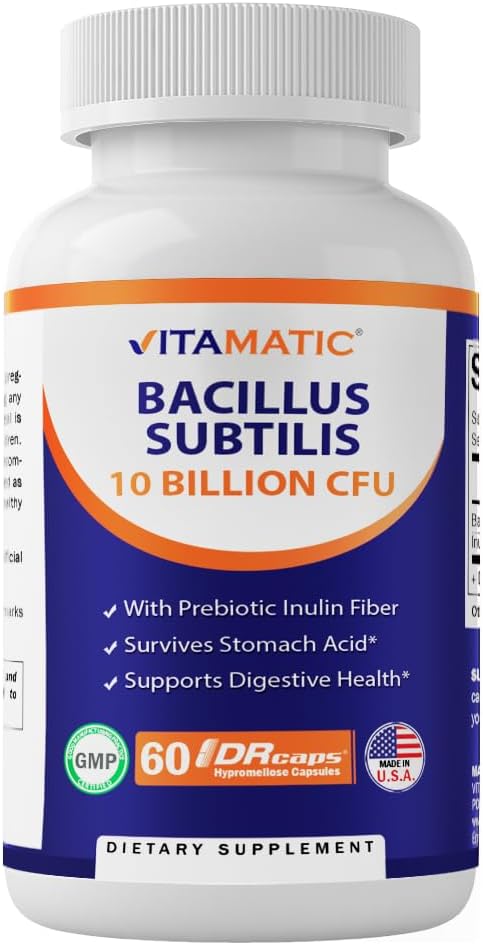 Vitamatic Bacillus Subtilis, 10 Billion per DR Capsule, 60 Count for Digestive and Immune Health