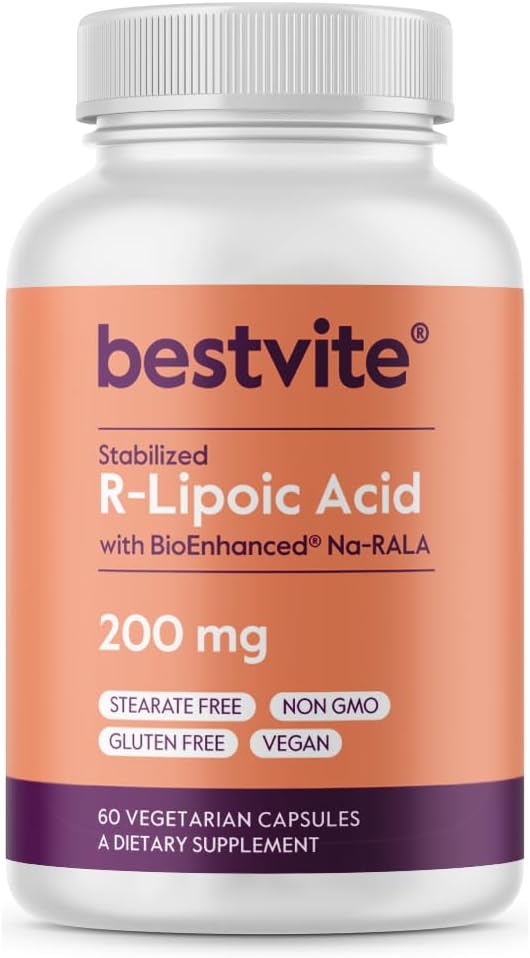 BESTVITE R-Lipoic Acid, 200mg Stabilized with Bio-Enhanced Na-RLA (60 Vegetarian Capsules) - Vegan, Gluten Free, No