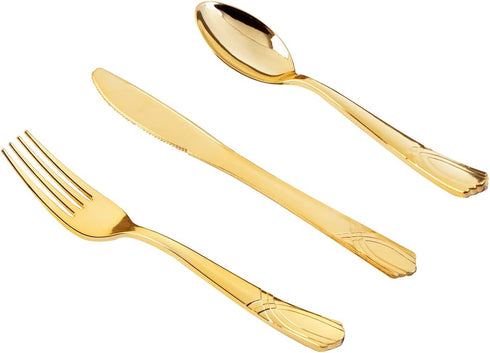 DaYammi 150 Pack Gold Disposable Silverware Set - 50 Forks, 50 Knives, 50 Spoons - Heavy Duty Plastic Cutlery for