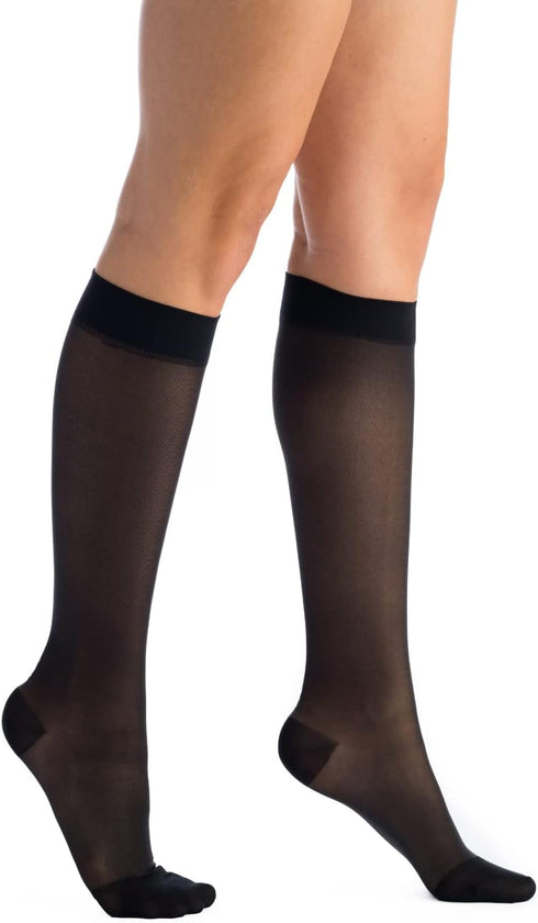 EvoNation Women’s Knee-High Graduated Compression Socks, 15-20 mmHg Moderate Pressure Sheer Support Stockings, Black