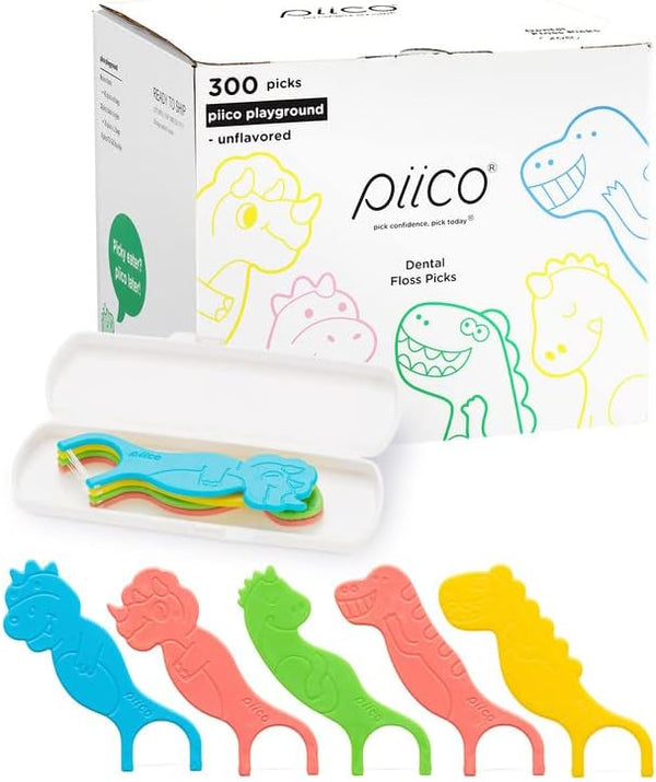 Unflavored Kids Floss - No Fluoride Dual Line Dental Floss Picks in Colorful Design, 300 Playground Dino & Travel Case