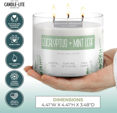 Essential Elements by Candle-lite Eucalyptus & Mint Leaf Scented Candle, 14.75 oz, 45 Hours Burn Time