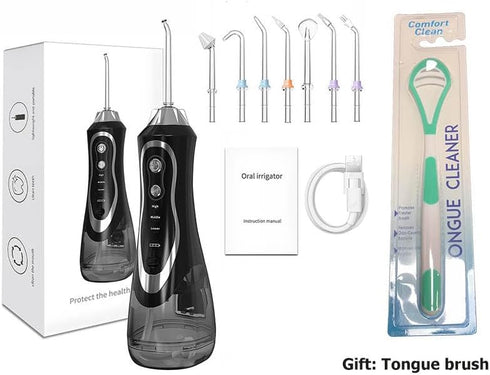 Water Dental Flosser Cordless for Teeth with Tongue Brush, 7 Nozzles, Portable Oral Irrigator, Rechargeable IPX7 Waterproof Mouth Rinse Machine, 3 Cleaning Modes (Black)