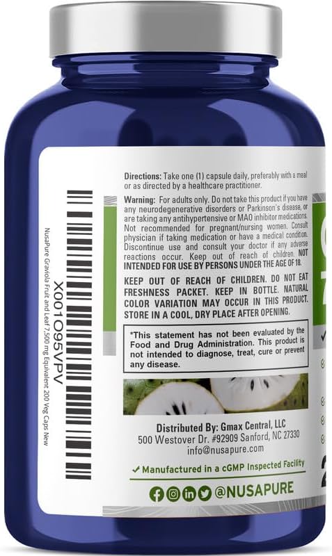 NusaPure Graviola 7,500 mg Equivalent per caps 200 Veggie (Non-GMO, Extract 20:1)