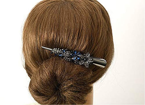 Large Double Row Teeth Metal Duck Bill Clips - Rhinestone Flower Hair Barrettes with Teeth for Women and Girls (Grey)