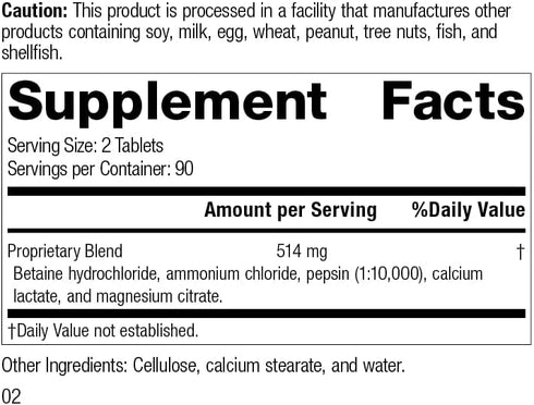Standard Process Betaine Hydrochloride - Whole Food GI and Digestive Health Supplement, 180 Tablets