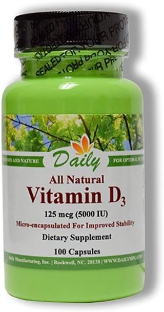 Daily Manufacturing Vitamin D3 5000 IU (125 mcg) 100 Vegetarian Capsules