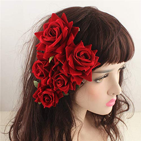 Red Rose Flower Hair Clip Comb, Brooch Pins for Flamenco Dancer Bride Wedding Fabric Flowers Hairpins