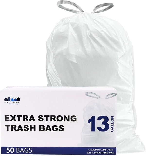 Plasticplace 13 Gallon Trash Bags, 1.2 Mil White Extra-Large Drawstring Garbage Can Liners