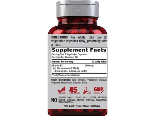 Piping Rock K2 MK7 - 100 mcg, 180 Vegetarian Capsules, Non-GMO, Gluten Free Supplement