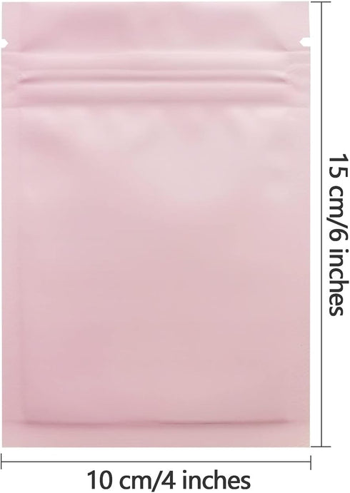 100 Pack Resealable Mylar Bags 4 x 6 Inch Smell Proof Foil Pouch Flat Bag with Clear Window in Pink