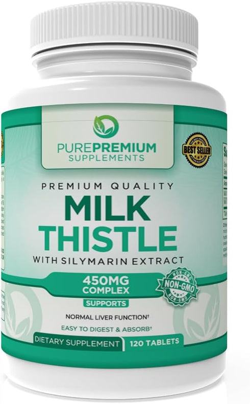 PurePremium Milk Thistle Supplement with Silymarin Extract, 450MG Complex Liver Support, 120 Tablets