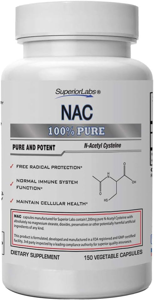 Superior Labs NAC (N-Acetyl Cysteine) Dietary Supplement with Selenium, 1,200mg, 150 Vegetable Capsules