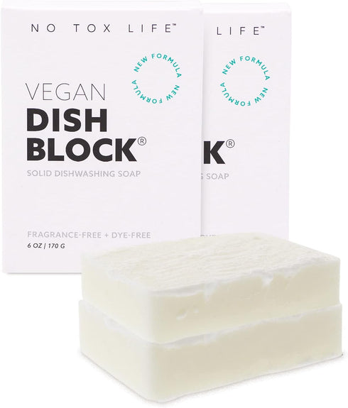 NO TOX LIFE Vegan Dish Block, 6 oz, 2 Pack - Solid Dish Soap, Ultra-Concentrated, Biodegradable