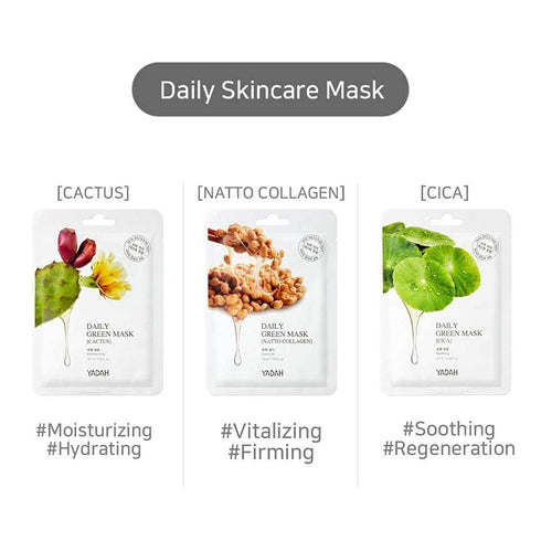 YADAH Daily Green Facial Sheet Mask, Natto Collagen, Pack of 5, Vegan Eco-friendly Mask for Skin Elasticity