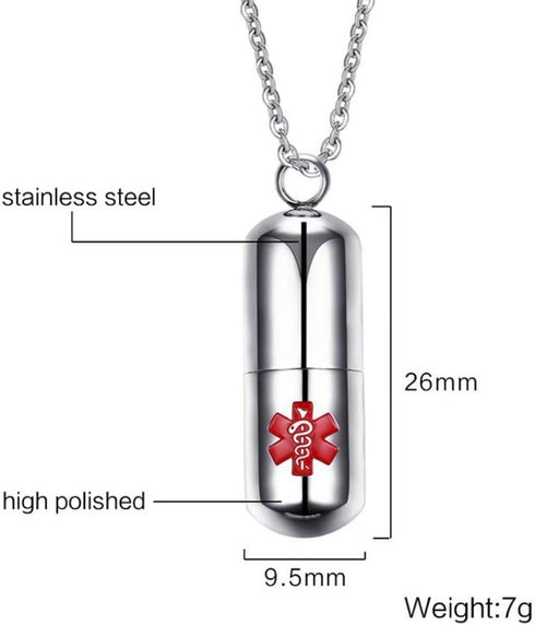 DIB Stainless Steel Medical Alert ID Pill Bottle Container Pendant Necklace for Men Women, Free Chain 20"
