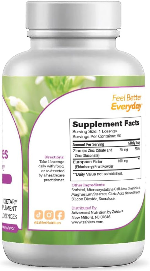 Zahler Elderberry Zinc Lozenges for Adults & Kids - Delicious Chewable Zinc & Sambucus Elderberry Lozenges for Immune Support - Kosher, Made in USA - Zinc Supplements for Men & Women (90 Count)