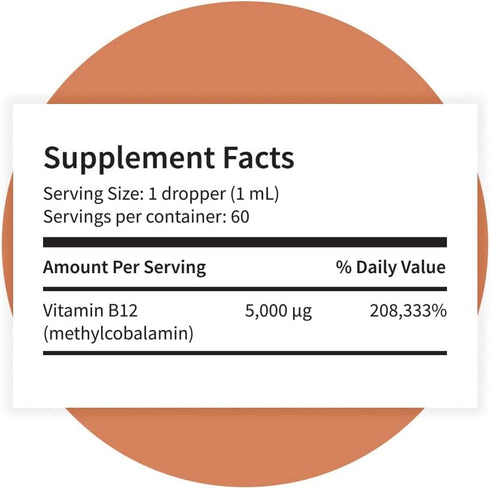 Pattern Wellness Vitamin B12 Supplement - Sublingual 5000 mcg Liquid Methylcobalamin Drops - Immune & Cardiovascular Support - Citrus Flavored Vegan Liquid Drops - 2 fl. oz (60 mL)