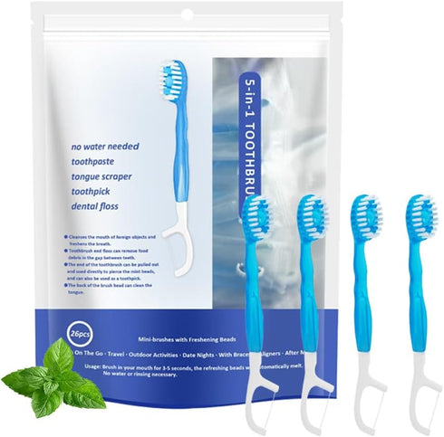 Malisseladi 5 in 1 Mini Brushes-Disposable Toothbrushes with Toothpaste + Floss + Pick