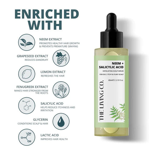 THE LIVING CO Neem Exfoliating Scalp Serum 65ml for Oily, Itchy & Flaky Scalp.