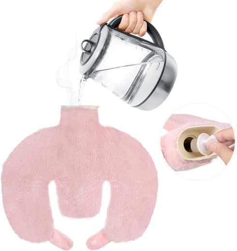 Ibluelover 1L Pack U Shaped Hot Water Bottle for Neck & Shoulder Soft Rubber Hot Water Bag with Plush Cover Pain Relief