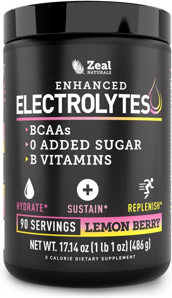 Zeal Naturals Electrolyte Powder Recovery Drink - 90 Servings Lemon Berry with BCAAs & B-Vitamins